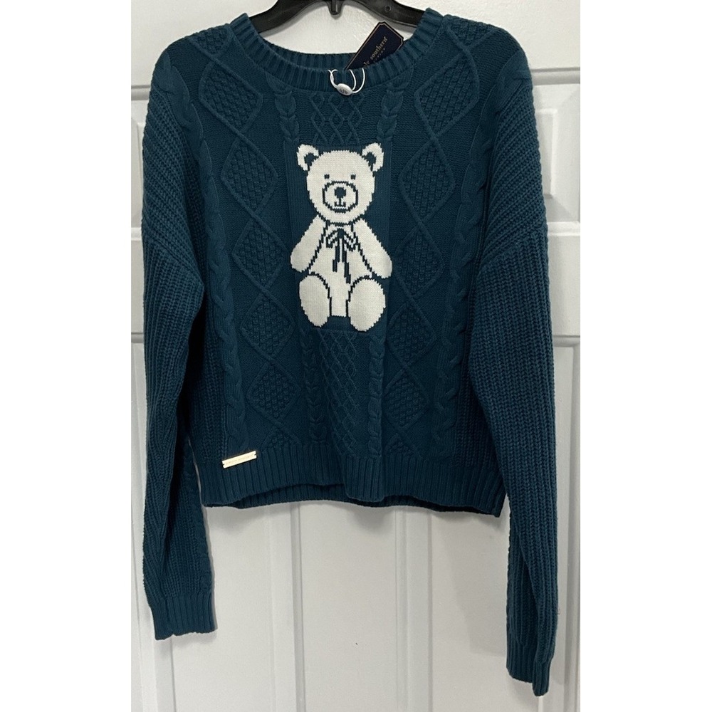 Simply Southern Teal/Green Chunky Knit Teddy BearBlue Sweater Women's Large